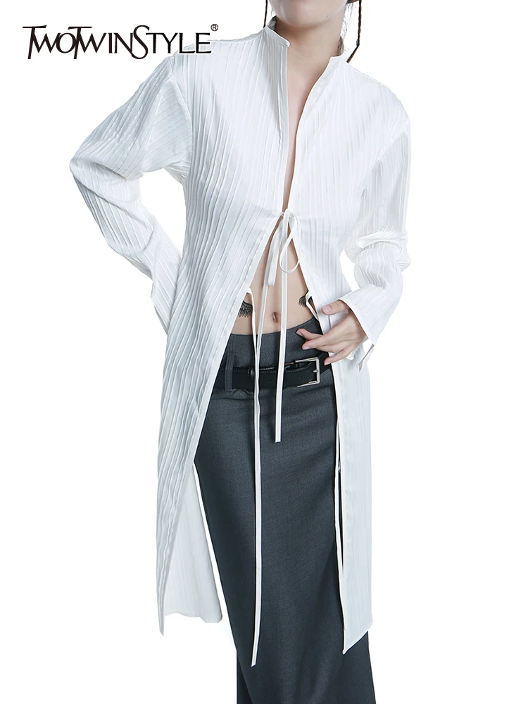 TWOTWINSTYLE Oversize sin Respaldo Camisetas Para Mujer de Cuello de Pie de Manga Larga Empalmados Encajes Sólidos Chic Blusas Mujer 2023 Moda Imagen 0