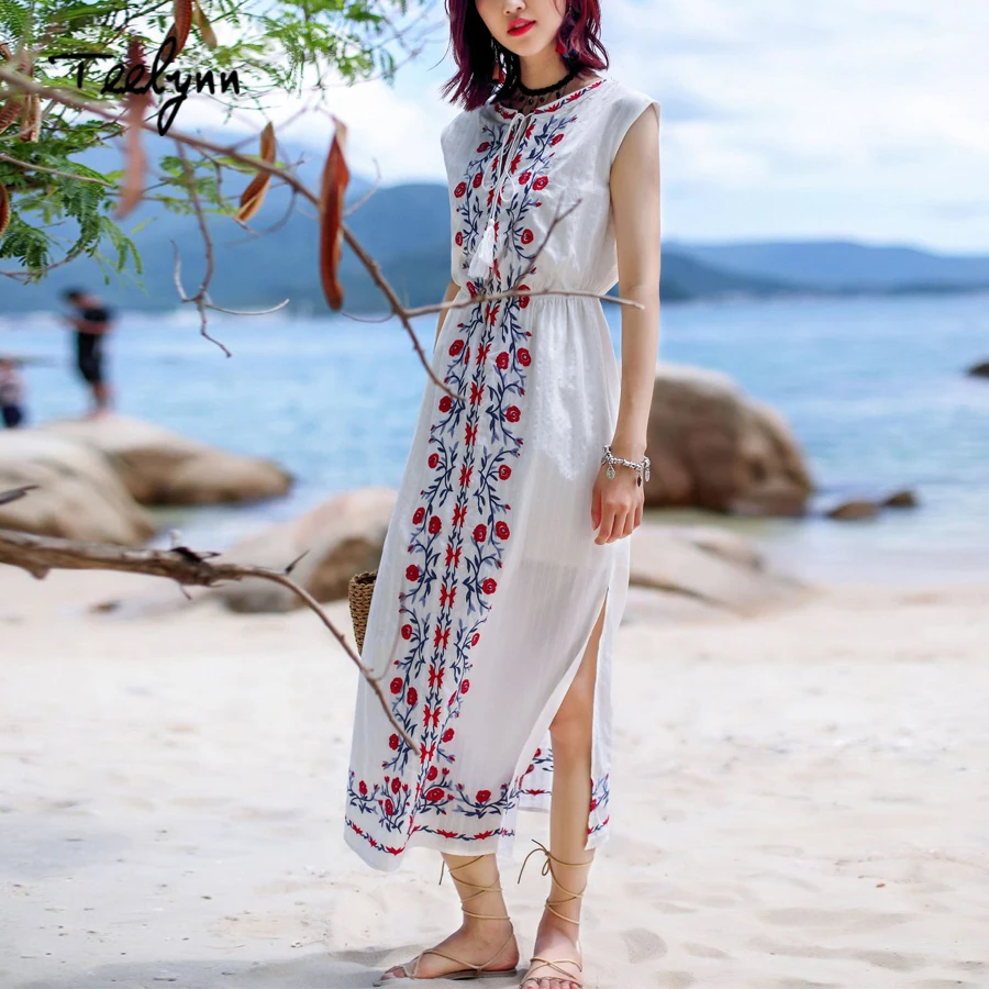 TEELYNN bohemio vestido largo para las mujeres de la vendimia de algodón blanco bordado floral sin mangas vestido de verano elegante ropa de playa vestidos de vestido Imagen 0