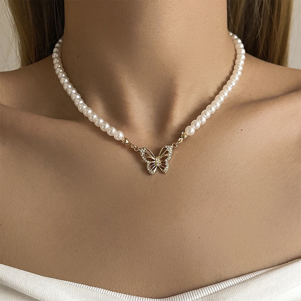 Nuevo Sencillo de la Joyería del Collar del Diseño Simple de la Perla de la Mariposa Colgante Empalmados Collar de Cadena de las Mujeres del Partido de la Joyería Imagen 0