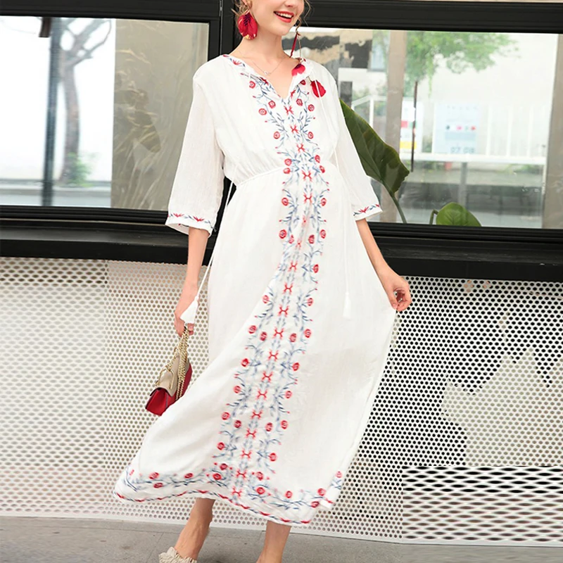 TEELYNN bohemio vestido largo para las mujeres de la vendimia de algodón blanco bordado floral sin mangas vestido de verano elegante ropa de playa vestidos de vestido Imagen 1
