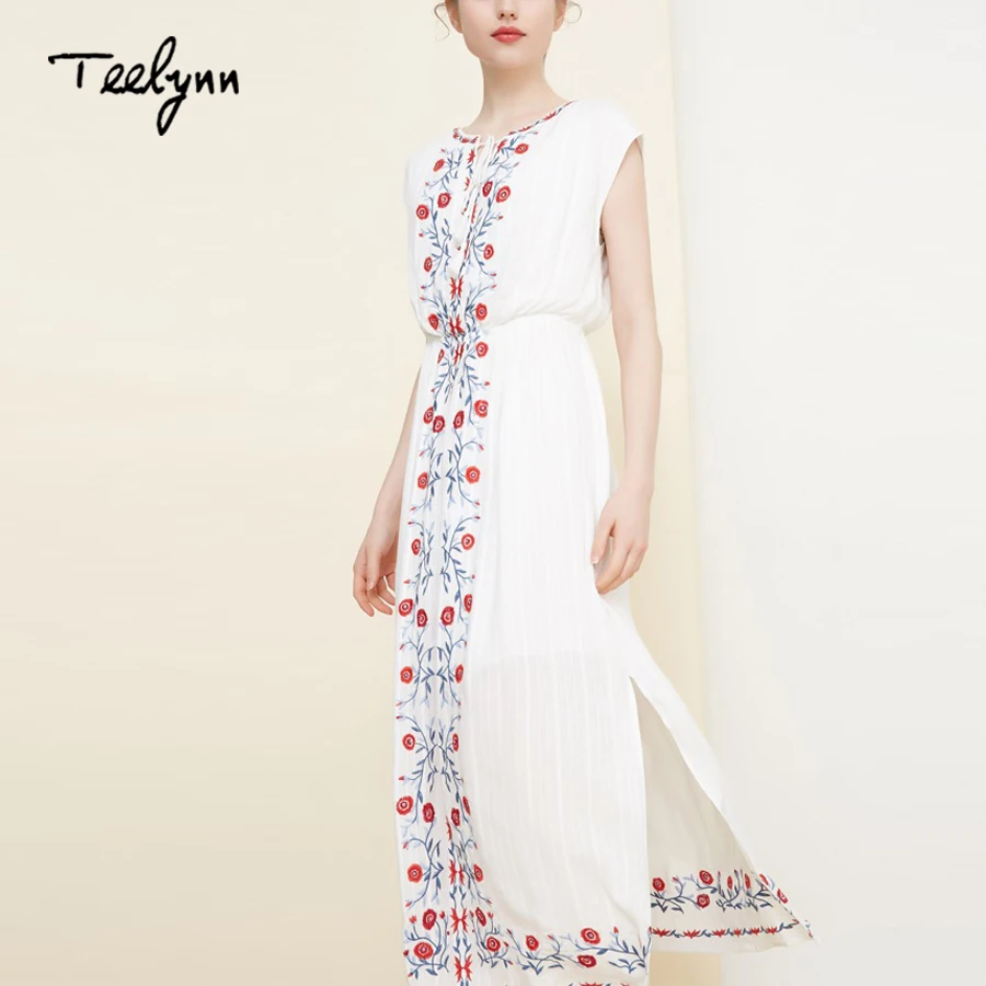 TEELYNN bohemio vestido largo para las mujeres de la vendimia de algodón blanco bordado floral sin mangas vestido de verano elegante ropa de playa vestidos de vestido Imagen 3