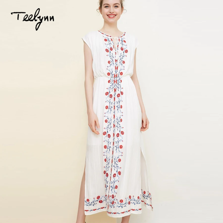 TEELYNN bohemio vestido largo para las mujeres de la vendimia de algodón blanco bordado floral sin mangas vestido de verano elegante ropa de playa vestidos de vestido Imagen 4